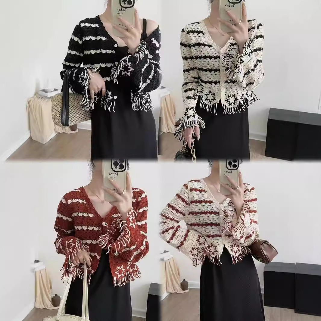 2024 principios de otoño nuevo estilo contraste color hueco rayas borla suéter cardigan mujer delgada chaqueta de punto corto image 4