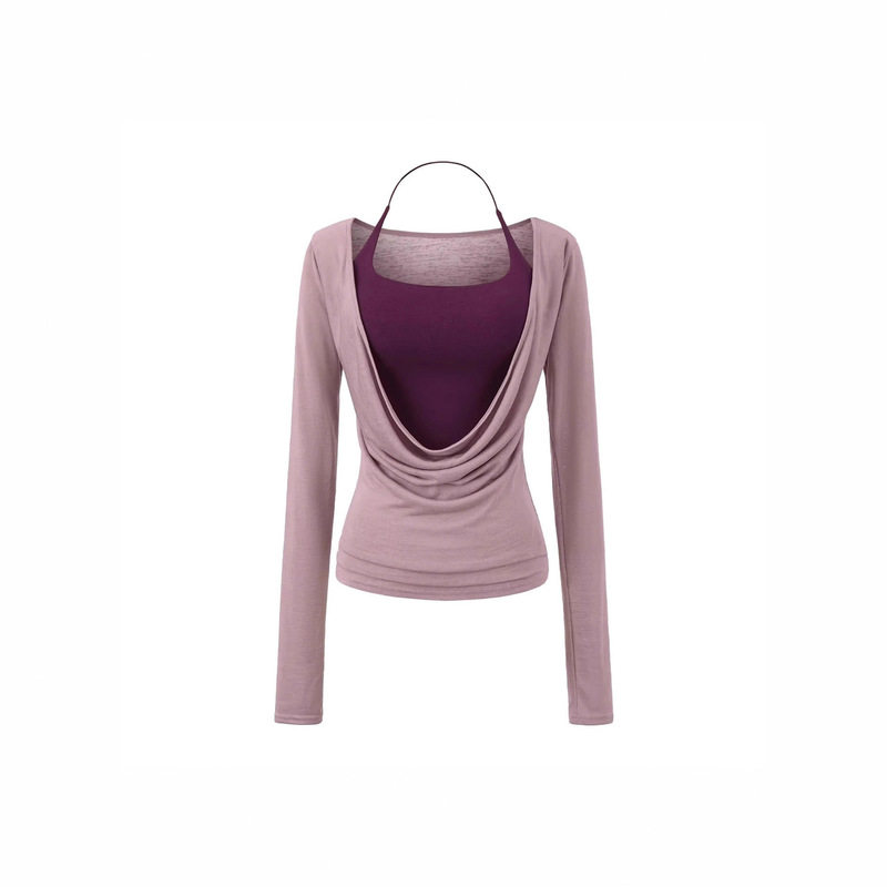 Purely Sexy Halter Neck Top with Chest Pads, Stylish Outerwear with a Draped Collar, Long-Sleeve Cover-Up T-Shirt, Two-Piece Set for Women Purely Sexy Halter Neck Top with Chest Pads, Stylish Outerwear with a Draped Collar, Long-Sleeve Cover-Up T-Shirt, Two-Piece Set for Women
