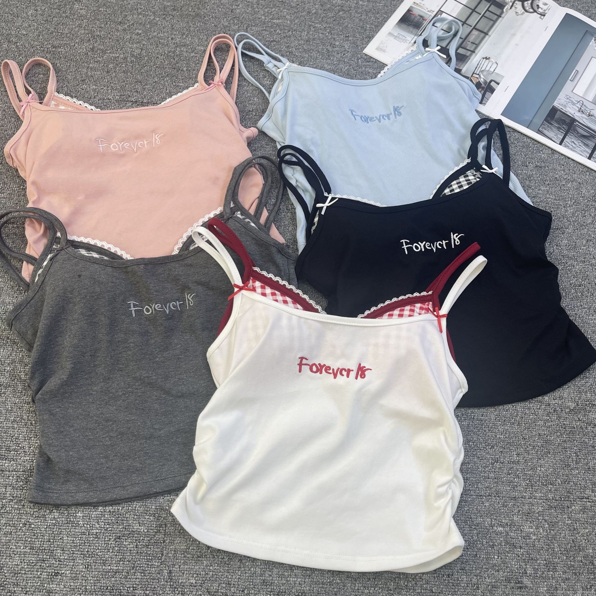 6628# Summer New Spice Girls Lace Plaid Corset Camisole Vest Plaid Contrast Color Fake Two-piece Sling