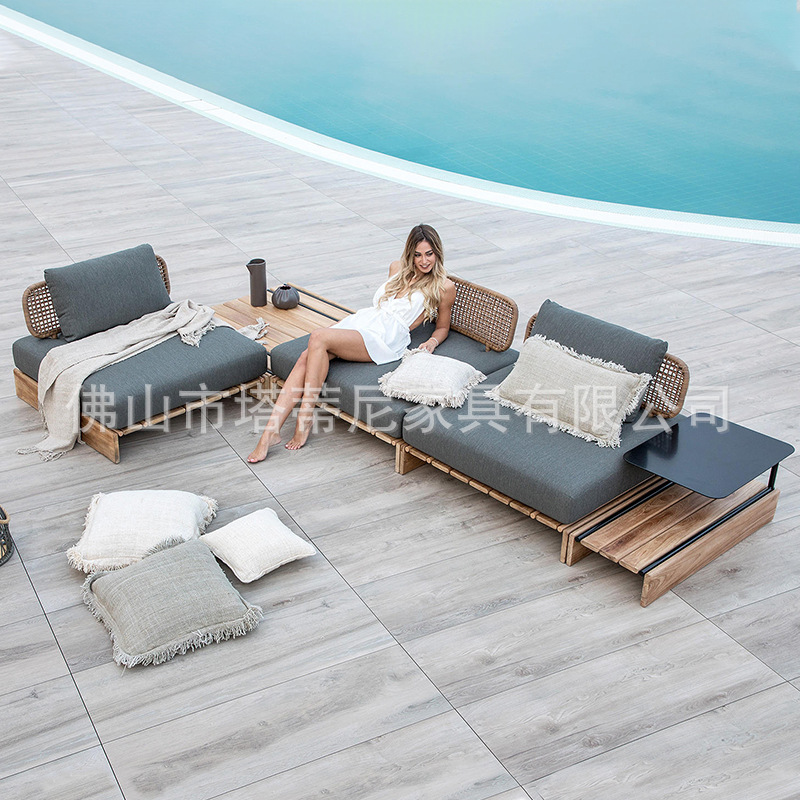 Sofá de ratán para exteriores, muebles impermeables y resistentes al sol para patio, terraza de jardín, conjunto de cama individual de teca para descanso.