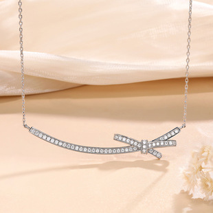 Fashion Smile Bow Necklace Women's 925 Sterling Silver Plated 18K Gold Full Diamond Moissanite Light Luxury Chanel Style Clavicle Chain