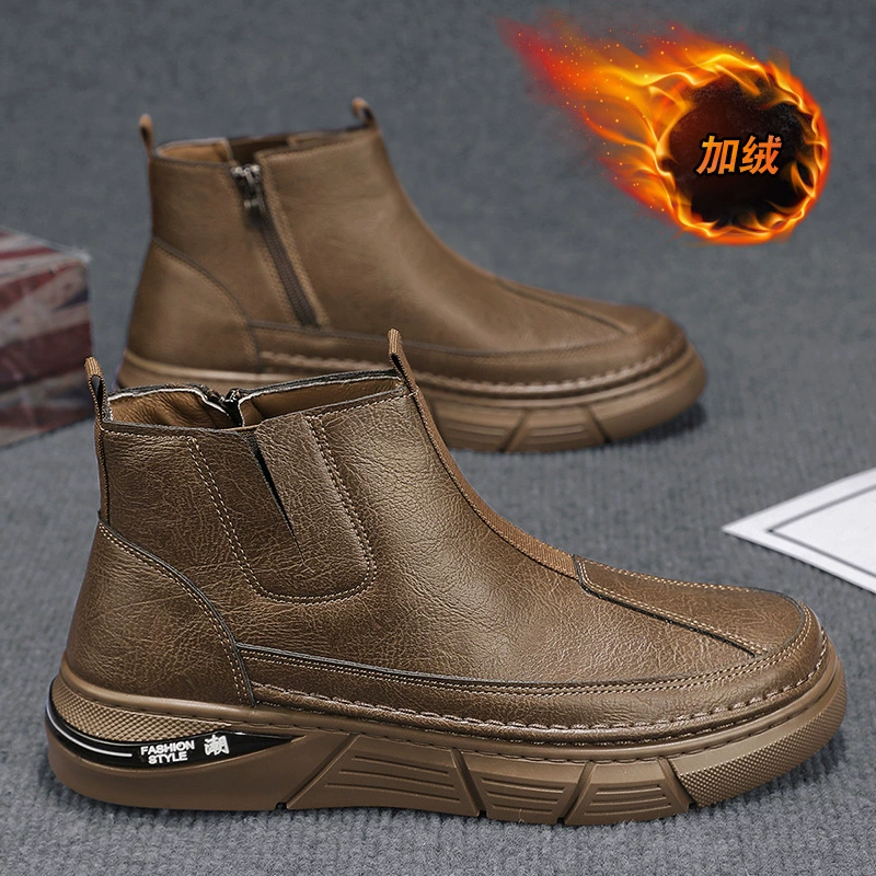 Мужская обувь зимняя новая бархатная утолщение высокая повседневная кожаная обувь дикая нескользящая, износостойкая и нескользкая обувь на толстой подошве