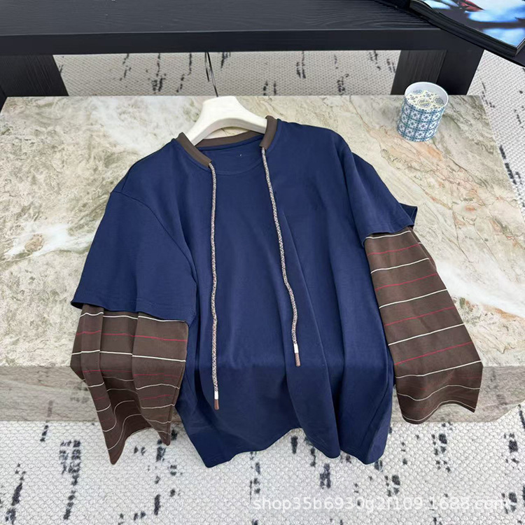 高品质2025早秋新款小众设计拼接撞色手工绳假两件T恤长袖潮牌|undefined