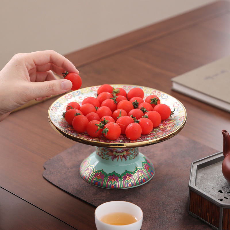 エナメル中国式果物皿高足皿陶磁器間食菓子皿皿皿皿家庭用献上皿|undefined