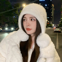 新款女冬季针织帽时尚甜美加绒加厚保暖韩版骑车护耳兔毛防寒帽子