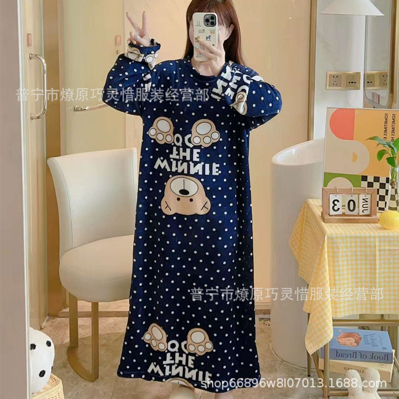 Pijamas de mujeres otoño invierno de franela lindo dibujo animado 2024 nuevo coral de lana gruesa falda cálida ropa para el hogar