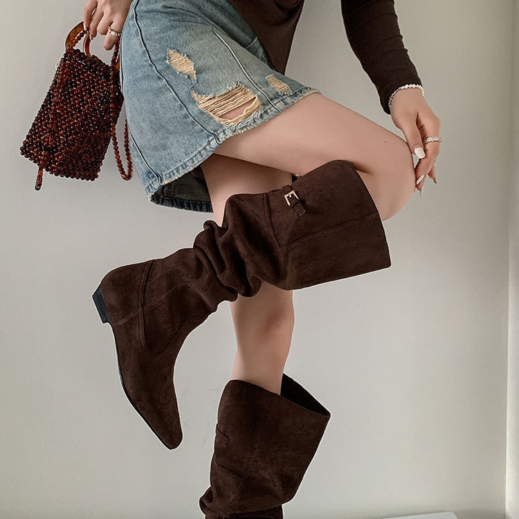现货~显瘦百搭 美拉德棕色大筒围平底过膝长靴女新款高筒堆堆靴女