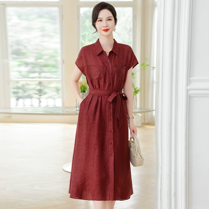 Платье 2025 новый женский летний большой размер свободный живот тонкий отворот кардиган рубашка юбка мама шелк юбка