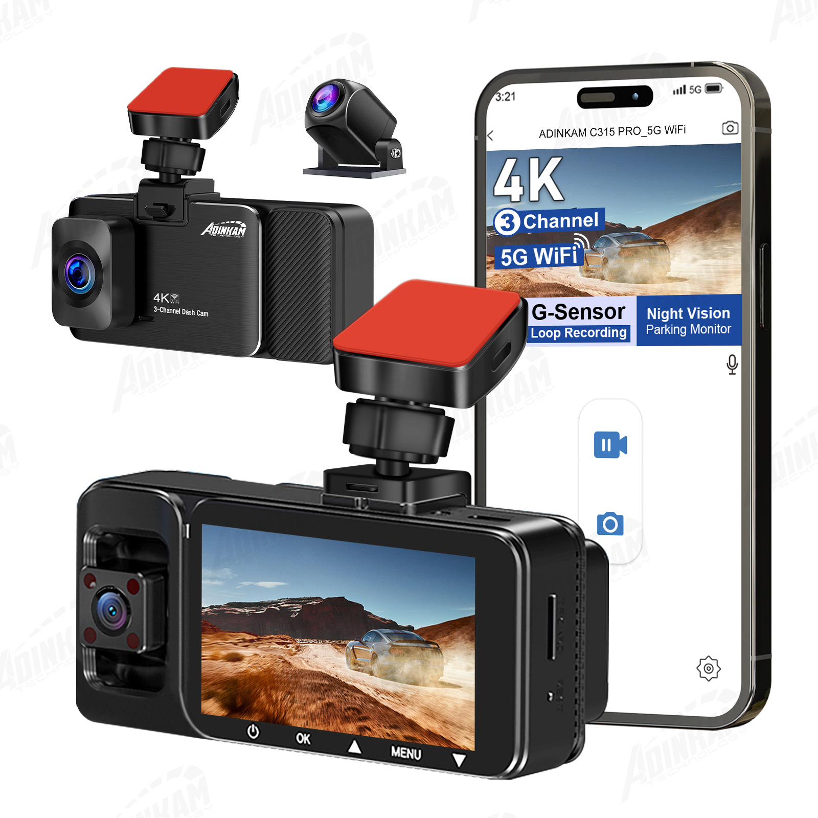 Nueva grabadora de conducción especial de tres lentes con imagen de marcha atrás de vídeo 4K visión nocturna de alta definición 1080P con WIFI