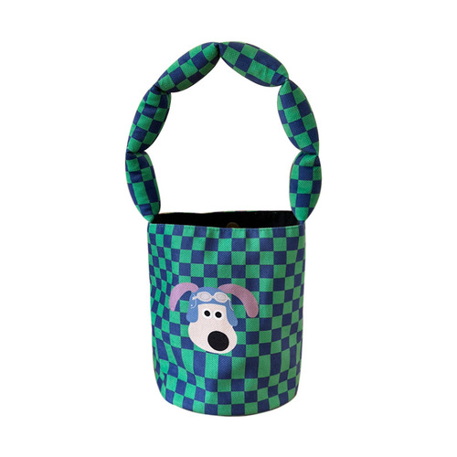 New Japanese and Korean fashionable cute dog cotton-filled shoulder strap cylinder bag simple plaid versatile mommy bag lunch box bag for women
