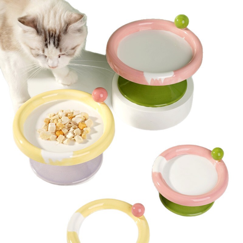 猫碗陶瓷猫食盆高脚大口径防黑下巴护颈大号宠物猫狗碗斜口防打翻|undefined