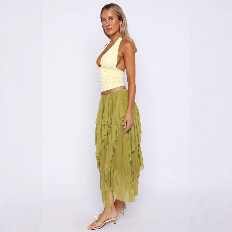 European and American style layered ruffle skirt for women, new summer high-waisted irregular mid-length vacation style skirt