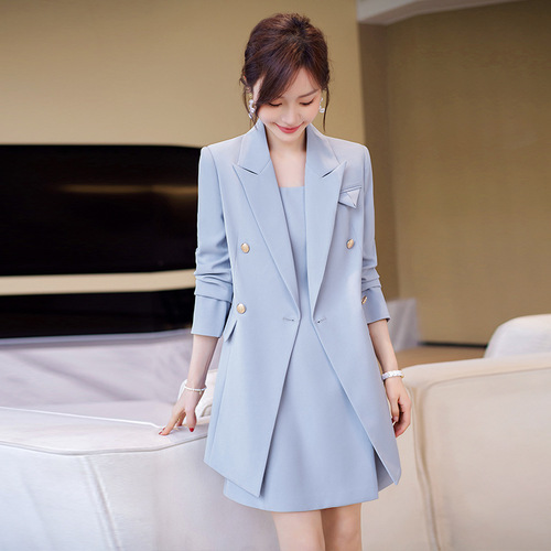 Blue blazer women's mid-length spring and autumn small high-end casual suit dress two-piece suit