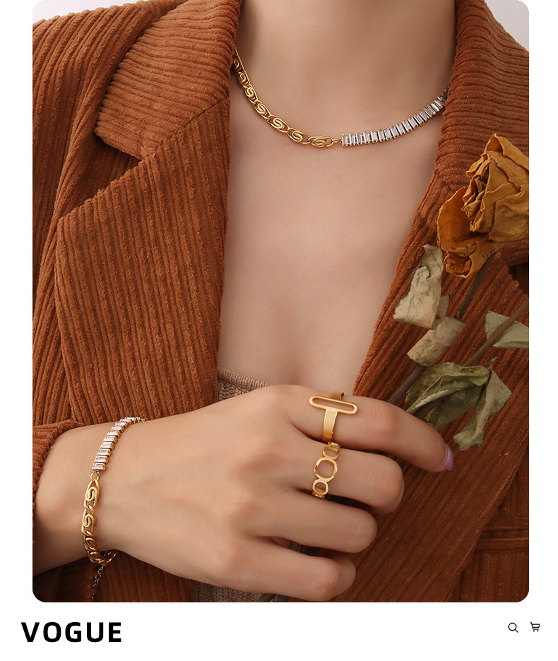 light luxury zircon splicing necklace bracelet set titanium steel 18K real gold plated jewelrypicture3
