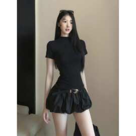 辣妹修身显瘦掐腰小黑裙子女夏季短款收腰黑色A字花苞蓬蓬连衣裙