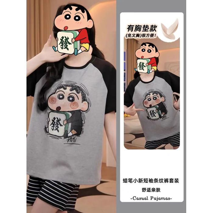 Venta al por mayor transfronteriza con almohadilla para el pecho Pijamas pequeños nuevos pantalones cortos de manga corta de verano para mujer, lindo traje de servicio a domicilio coreano, algodón de imitación