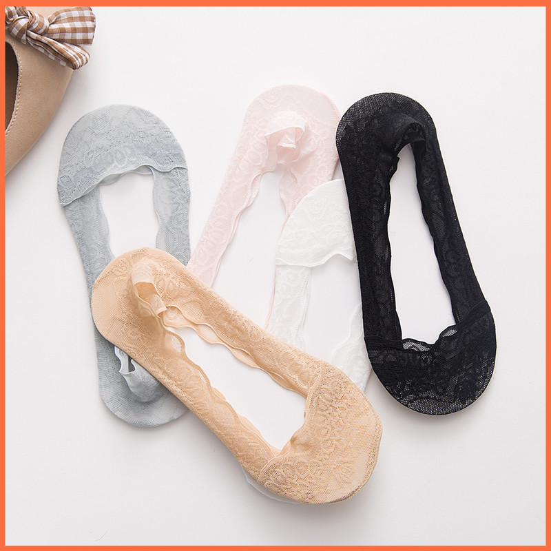 Mesh Breathable Women Boat Socks Silicone Non-slip Cotton Low Invisible Socks Classic Peacock Edge Lace Women Socks Solid Color