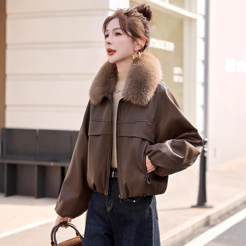 Fashionable Fur Collar Leather Short Jacket for Women, 2026 Winter New Style, Fleece-Lined, Thickened, Warm, Petite-Sized Jacket