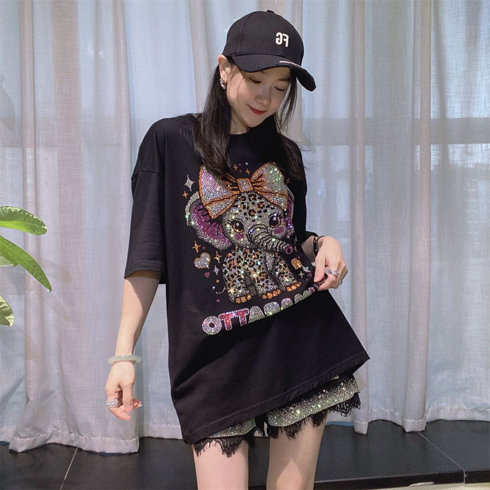 Camiseta de manga corta con diamantes para mujer europea y americana moda de verano suelta versión grande marca de moda de longitud media tops de algodón de diamantes calientes para mujer