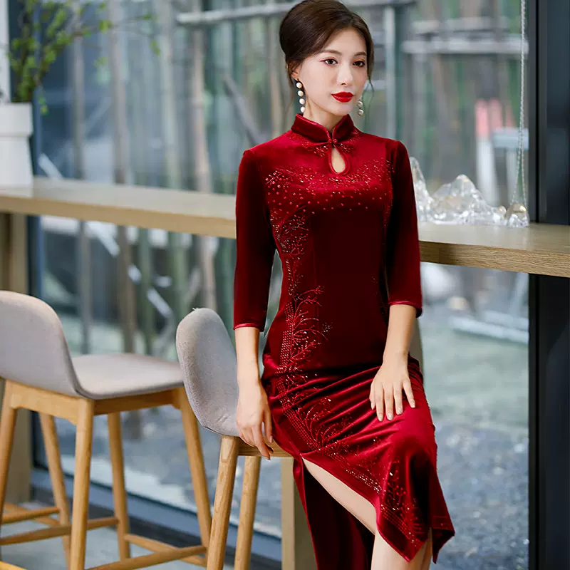 2024秋冬新款韩国绒旗袍高开衩长款改良小立领宴会妈妈汉服装