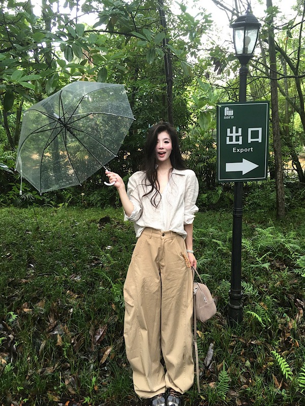 2025 Early Autumn Korean Style Design Linen Regular Shoulder V-Neck Shirt for Women 2025 Super Popular Age-Reducing Pear-Shaped Scimitar Pants