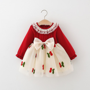 Autumn 2024 New Lace Collar Bow Cherry Mesh Yarn Skirt Girls Long Sleeve Stitching Small Skirt