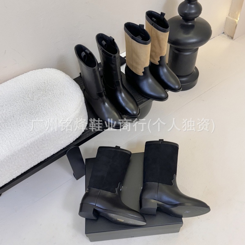 2025秋冬新款小香风真皮圆头粗跟中筒靴女时尚百搭外穿中跟时装靴|undefined