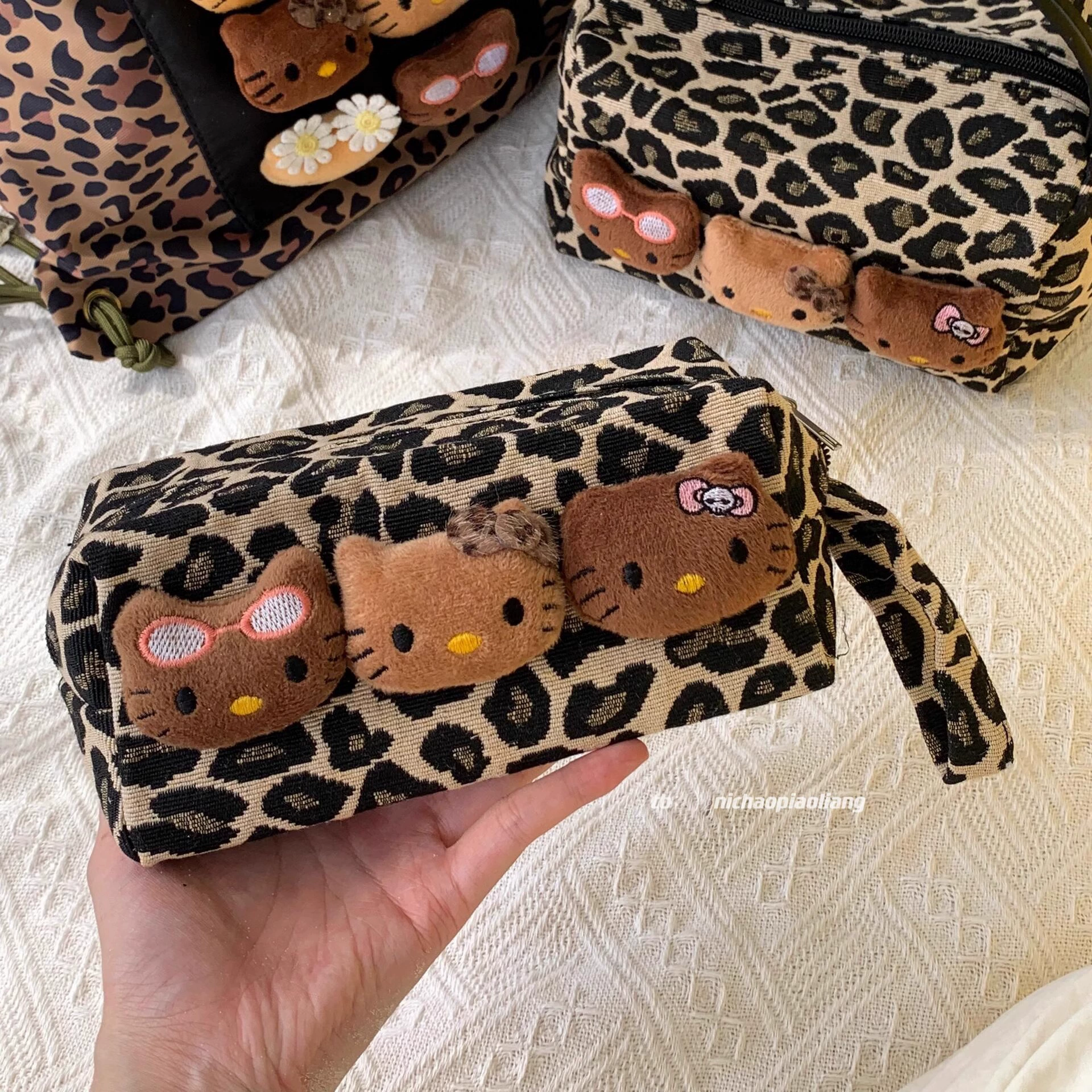 Handheld cosmetic bag, leopard print leather, capacious organizer (small & large cat-head options)