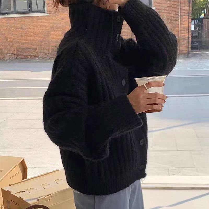 겨울 터틀넥 핏 소프트 왁스 싱글 브레스트 두꺼운 카디건 느슨한 여성용 간단한 게으른 두꺼운 스웨터