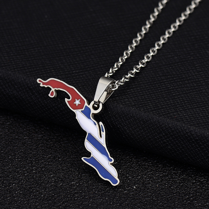 Vintage Öltropfen Kubanische Republik Karte Anhänger Halskette Mode Edelstahl Damen Schlüsselbein Kette_voghion.com
