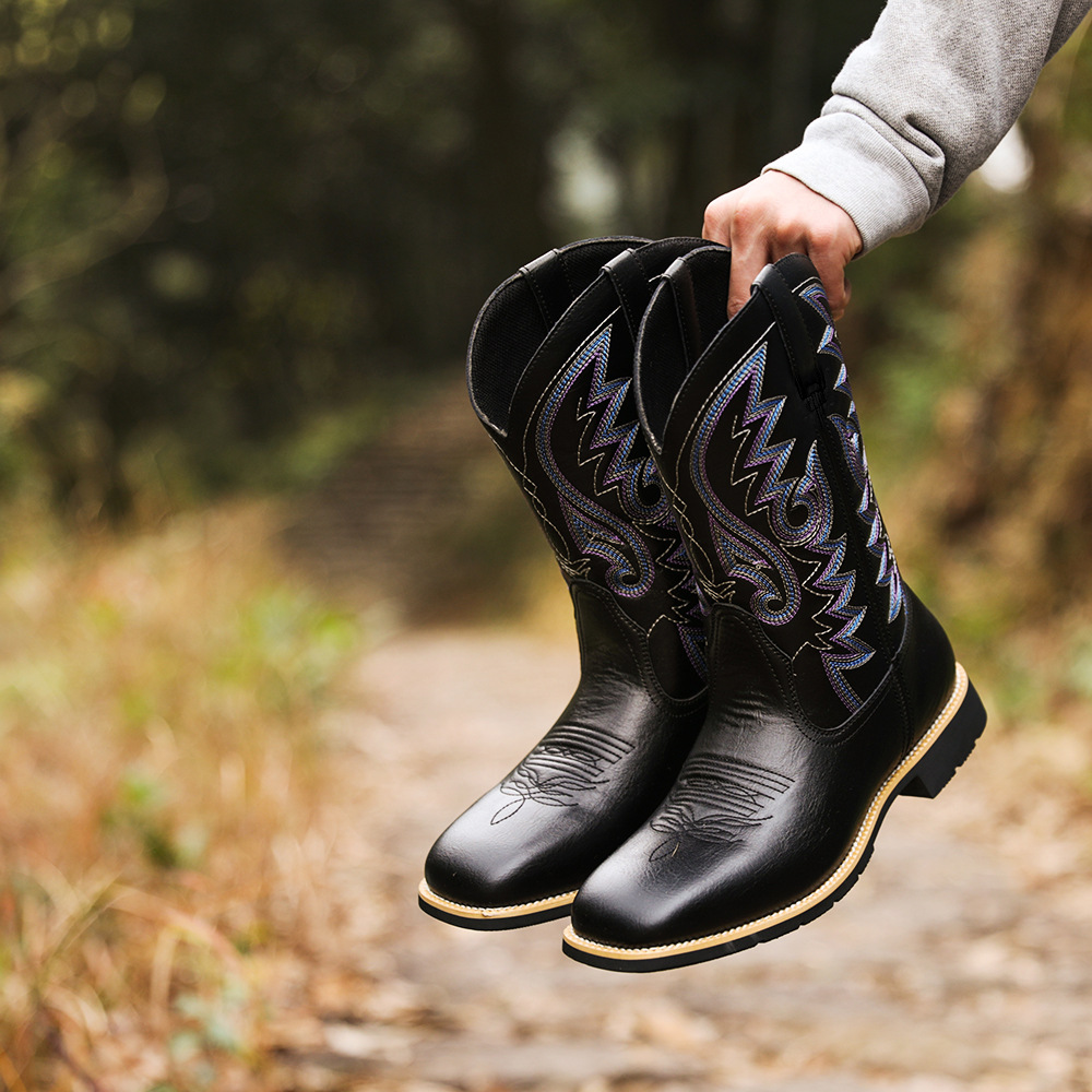 Cizme de cowboy western înalte, brodate, vintage, cu cap lat, pentru bărbați_voghion.com