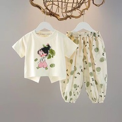 女の子サマースーツ2025新スタイル、ファッショナブルで美しい、超見栄えの良い子供用女の子夏半袖2点セット