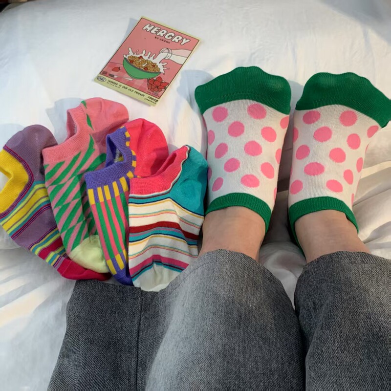 Short Socks, Shallow Cut, Women's Striped Combed Cotton Boat Socks, Polka Dot, Color-Blocked, Non-Slip, Colorful, Summer Invisible Short Socks