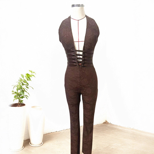 2025 Cross-border Hot New Women’s Wear: European and American Style Sexy Lace Pants, Deep-V Neckline Strappy Tie-Up Halter Jumpsuit