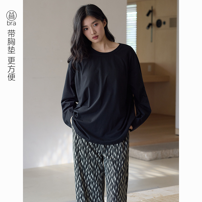 【抗菌拉架棉】秋季女士睡衣胸垫纯棉流苏宽松长袖套装女款家居服|undefined