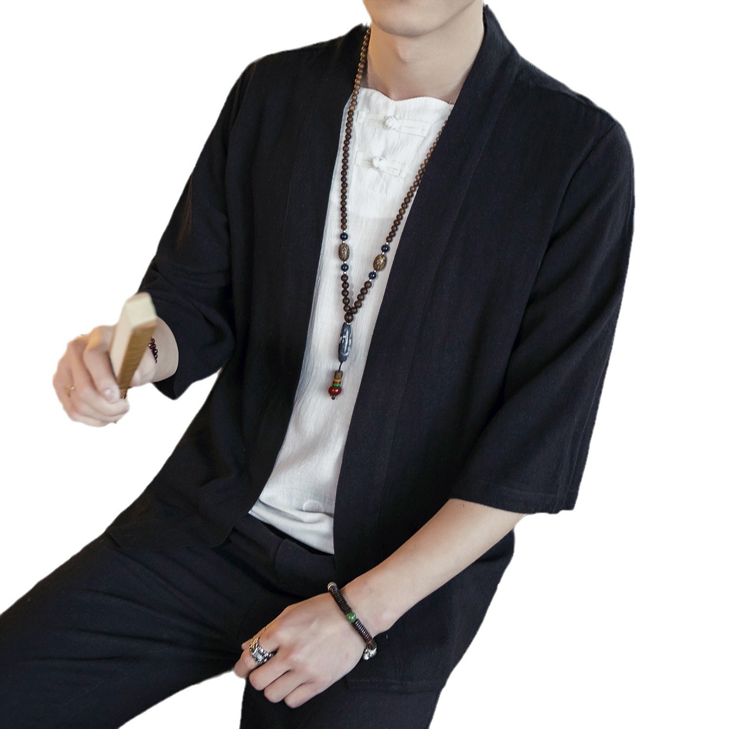 Estilo chino primavera y otoño suelta más tamaño cardigan estilo antiguo hanfu camisa de lino juvenil de los hombres Jushi Camisa de algodón y lino de color sólido