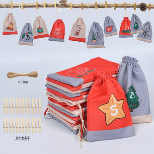 2025 Cross-Border Hot-Selling Christmas Linen Bag Drawstring Pocket Set Holiday Countdown Calendar Digital Drawstring Gift Bag