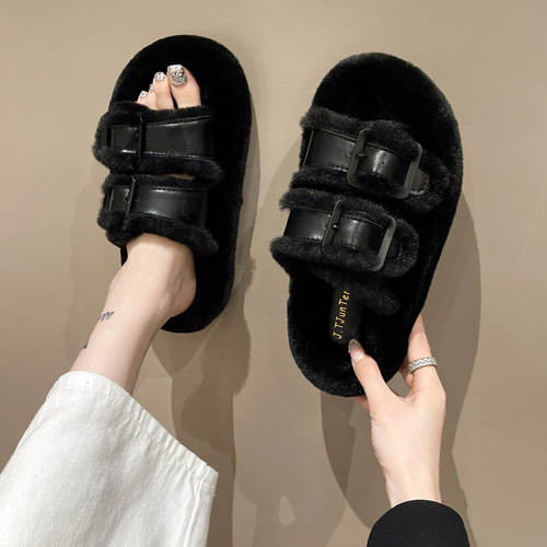 Thick-soled white plush slippers for women, outdoor wear, padded cake shoes for girls, new trendy items, Chanel-style, lined with warm cotton slippers