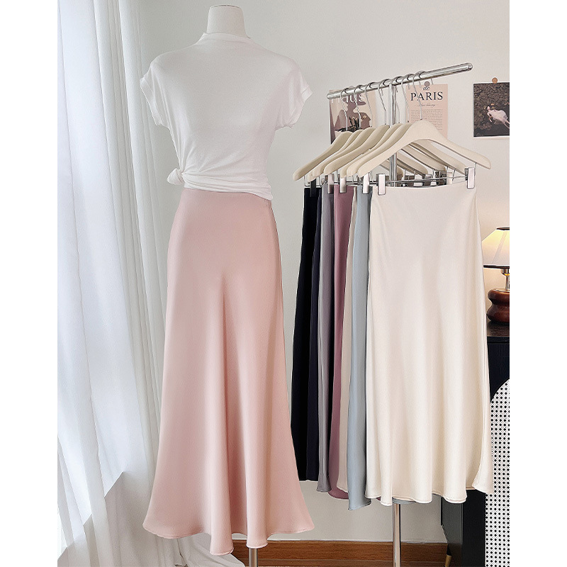 Pearlescent Acetate Satin Pink Midi Skirt for Women, Drapey Ankle-Length Skirt, Slimming and Elegant A-Line Fishtail Skirt for Summer Pearlescent Acetate Satin Pink Midi Skirt for Women, Drapey Ankle-Length Skirt, Slimming and Elegant A-Line Fishtail Skirt for Summer
