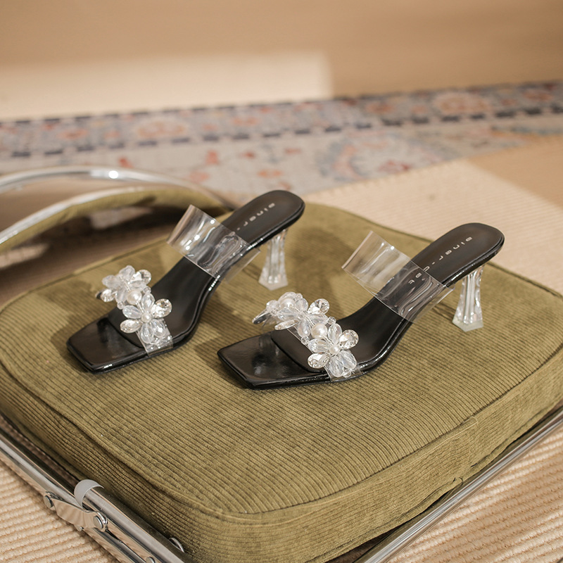 7315 Women's High-Heeled Slippers 2026 Summer New Transparent Crystal Heel Square-Toed Thin-Heeled Sandals_vogvips.com