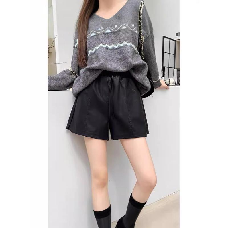 巾着多用途 2024 ラッド新カジュアルパンツ PU レザー秋ワイドレッグショートパンツ女性のハイウエスト痩身|undefined