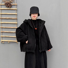 连帽夹棉棉服外套 2025冬季新款 复古宽松大码女百搭保暖牛仔棉衣