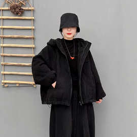 连帽夹棉棉服外套 2025冬季新款 复古宽松大码女百搭保暖牛仔棉衣