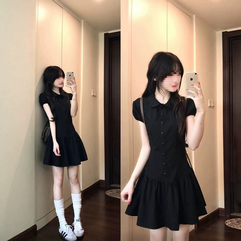 Retro Doll Collar Black Vertical Striped Dress for Women, New Summer Short-Sleeve Slim-Fit Student Slimming Short Dress Hot Trend Retro Doll Collar Black Vertical Striped Dress for Women, New Summer Short-Sleeve Slim-Fit Student Slimming Short Dress Hot Trend