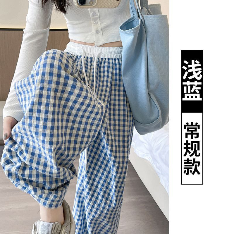 D6X チェック柄ワイドレッグパンツ女性の大きいサイズ 150kg ファットミリメートル夏薄いハイウエストルーズストレートカジュアル山本パンツ|undefined