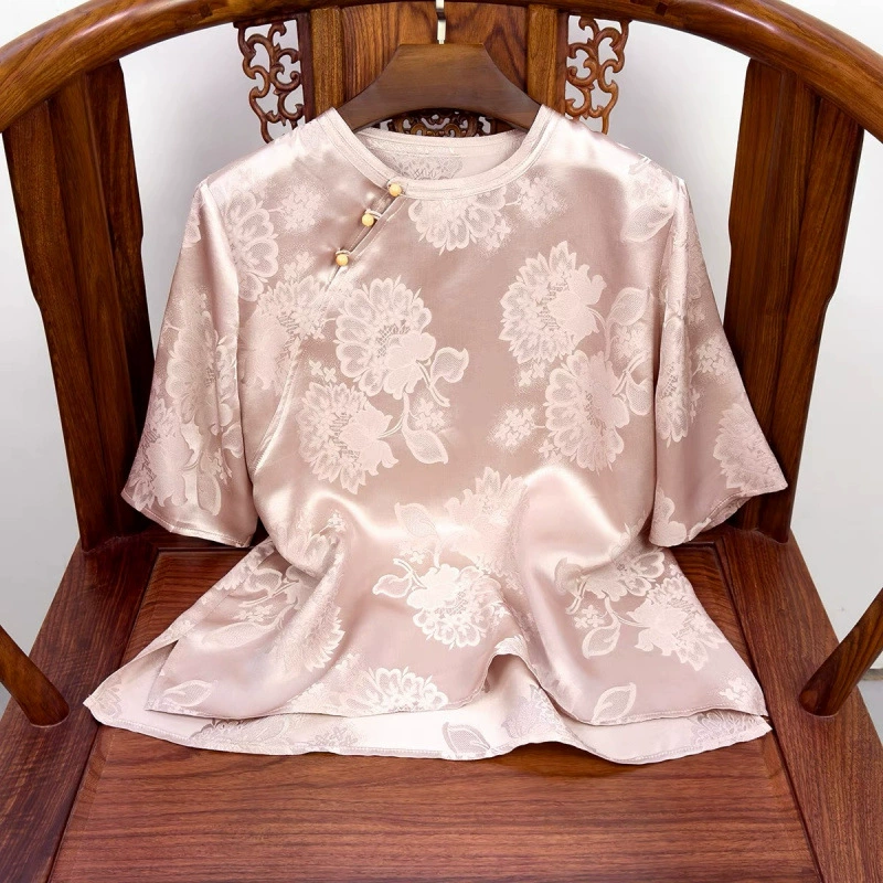 Новая жаккардовая рубашка в китайском стиле с цветочным принтом, женские топы с короткими рукавами, универсальный и модный стиль для поездок на работу.