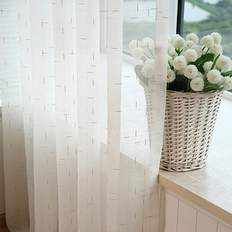 PK7J Curtain White Sheer Solid Color Linen Yarn Living Room Bedroom Balcony Voile Finished Product Sun-Shading Window Screen for Bay Windows