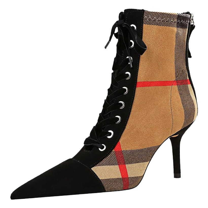 8878-13 estilo coreano estilete de moda tacón alto señaló Plaid color a juego de gamuza con cordones botines de correa cruzada de moda