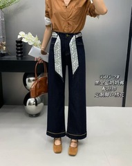 5505秋季新款高弹水洗软牛仔配丝带显瘦直筒裤气质百搭九分奶奶裤