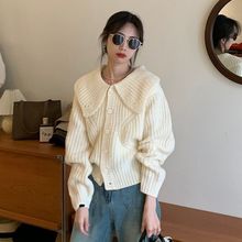 韩国娃娃大翻领百搭毛衣宽松减龄秋冬法式单排扣长袖针织开衫chic